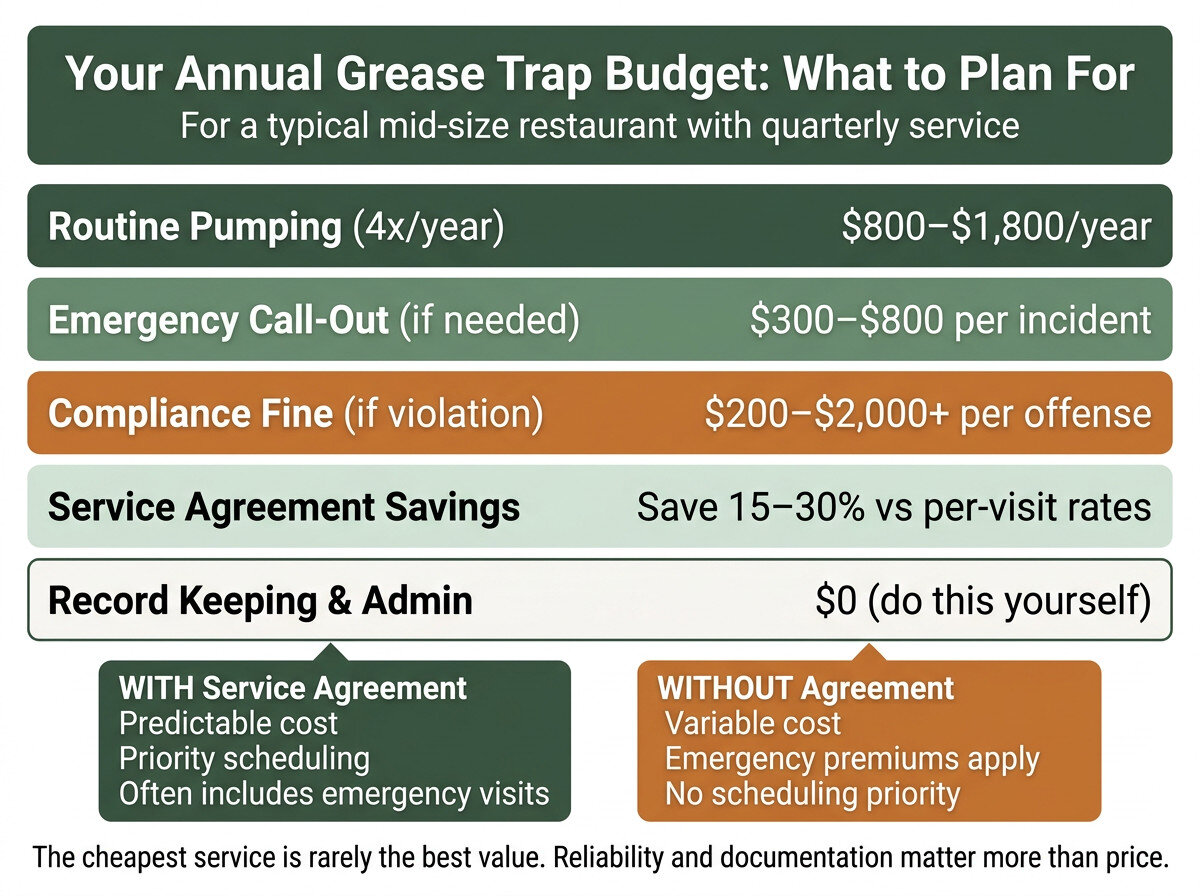 Infographic showing annual grease trap budget breakdown for a mid-size restaurant