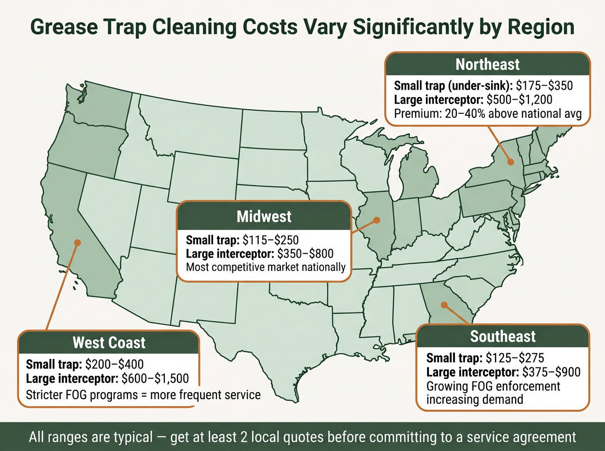 US map infographic showing grease trap cleaning cost ranges by region