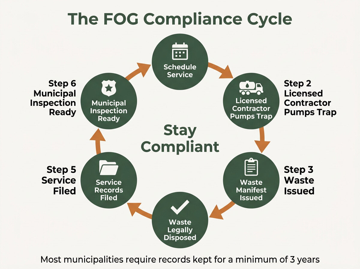 Circular flow diagram showing the 6 steps of the FOG compliance cycle
