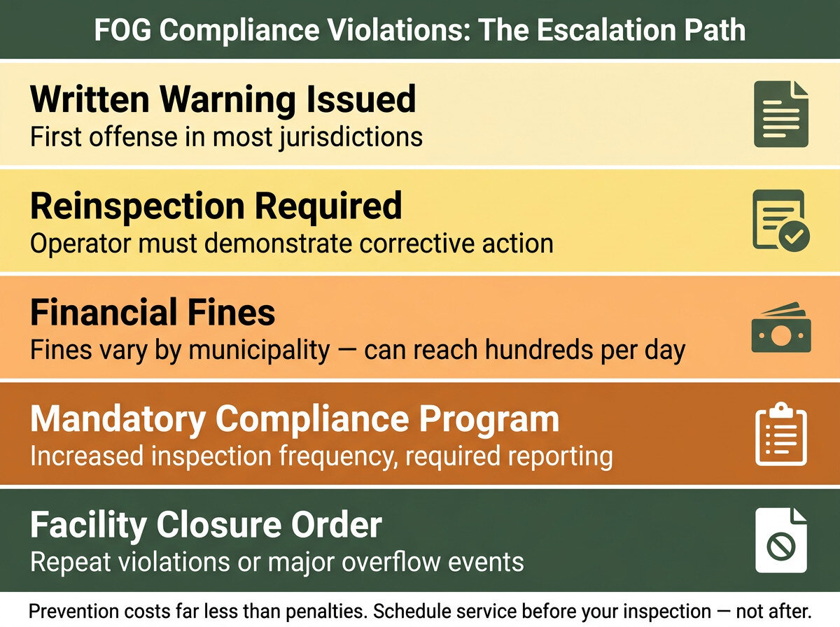 Infographic showing escalating consequences of FOG inspection violations