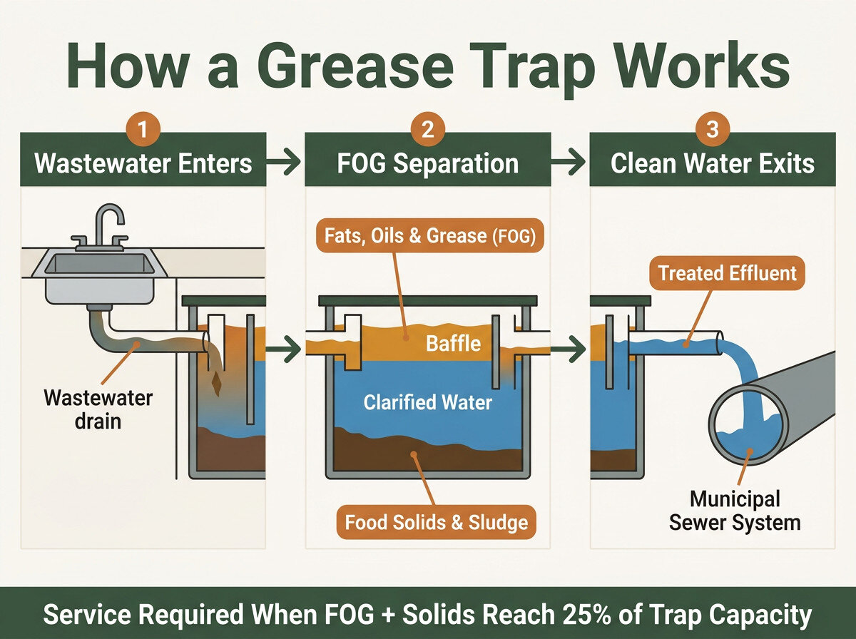 Infographic showing how a grease trap works with FOG separation layers