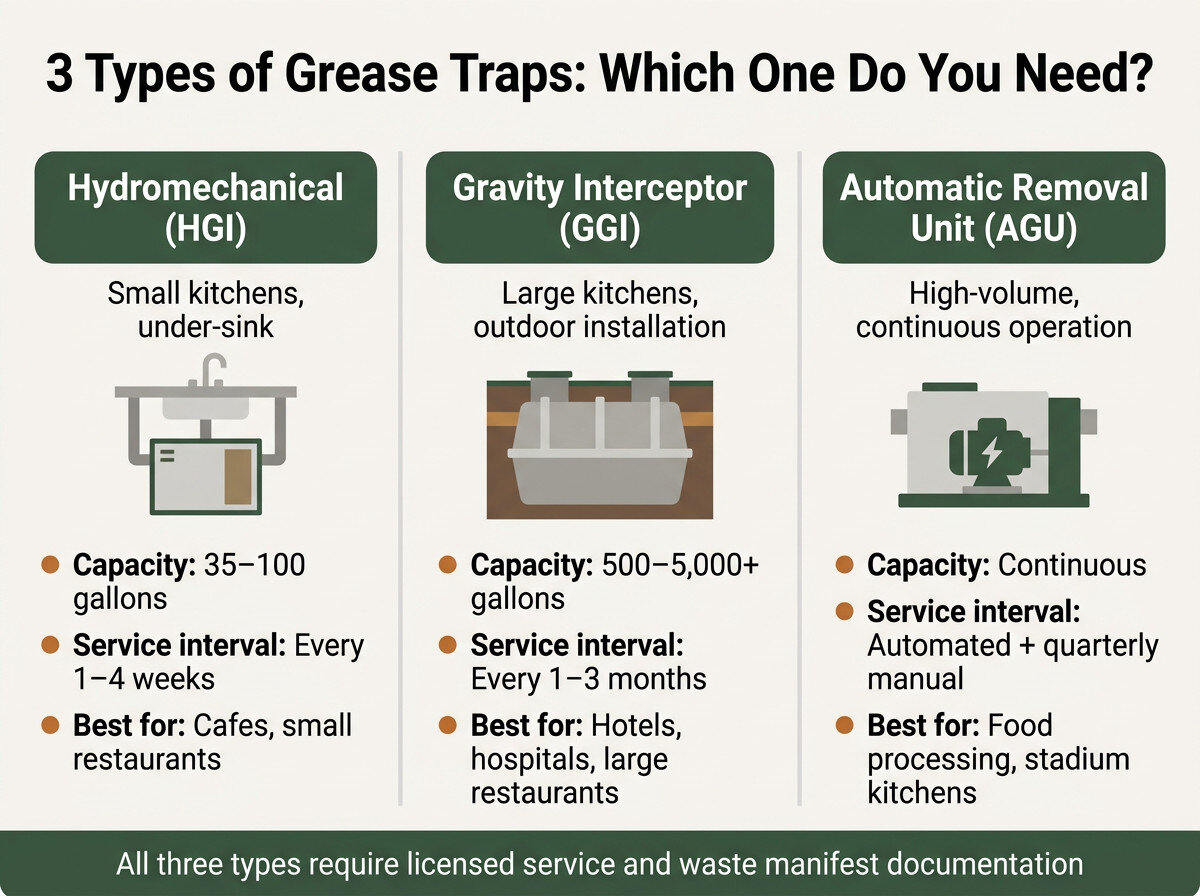 Comparison infographic of three types of grease traps: HGI, GGI, and AGU