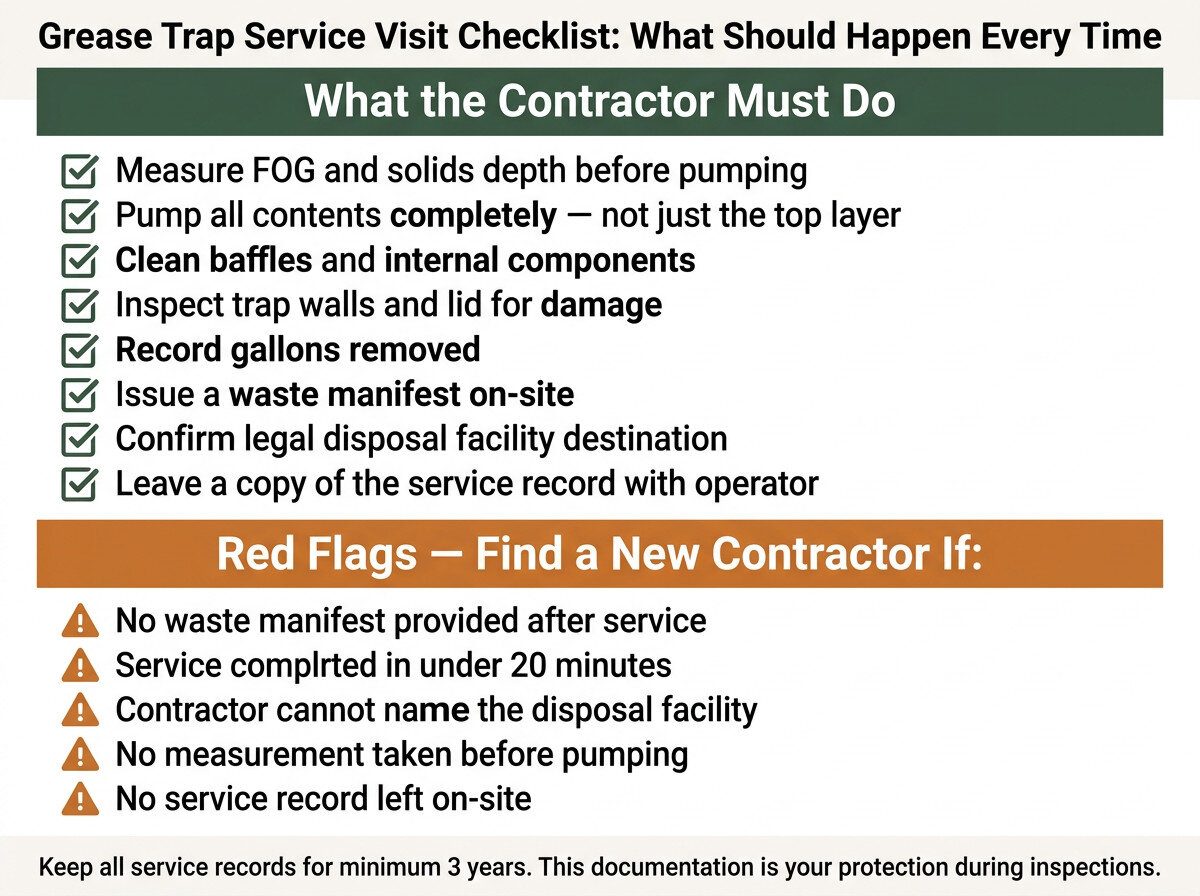 Checklist infographic of grease trap service visit requirements