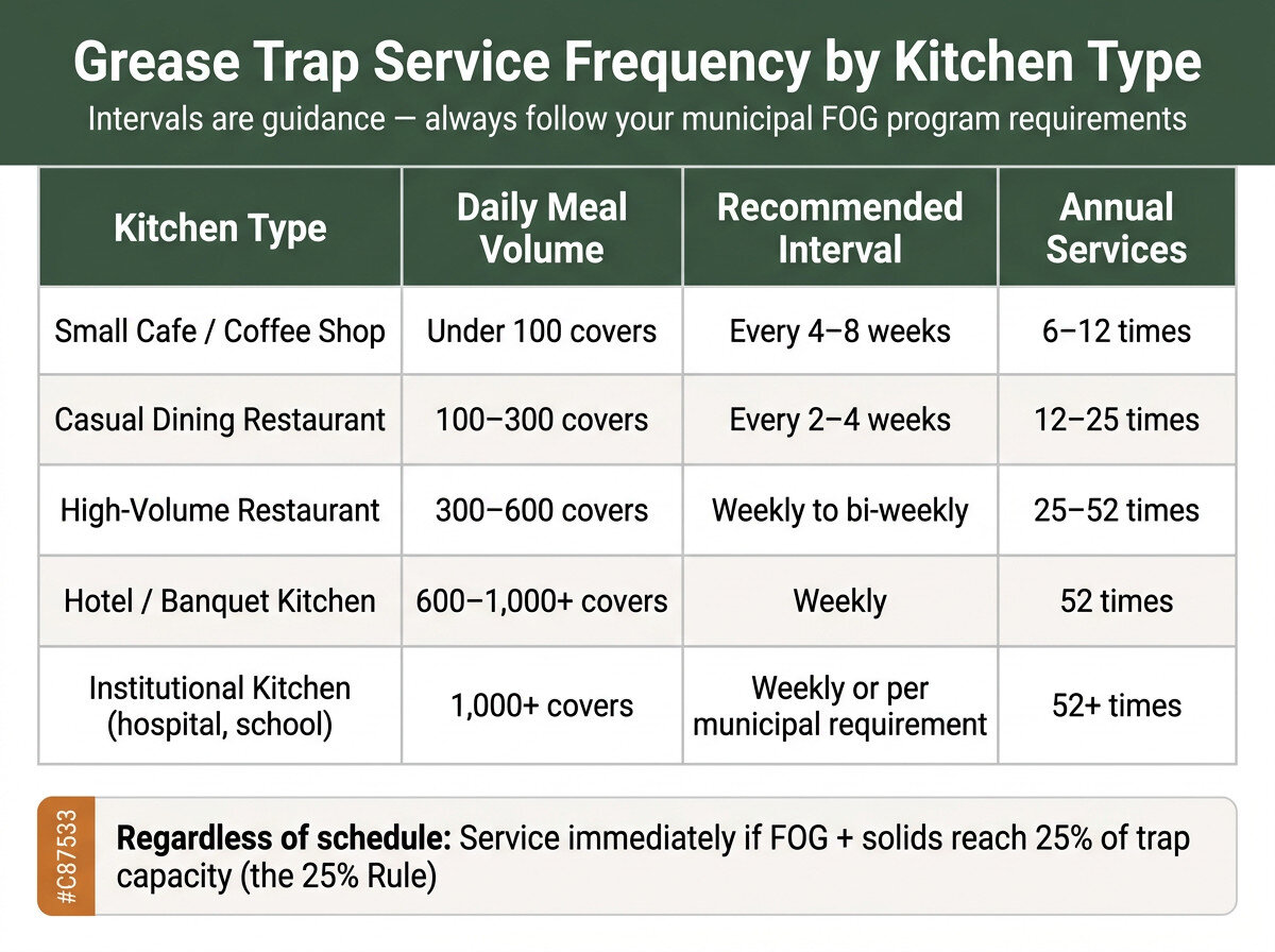 Table infographic showing recommended grease trap cleaning intervals by kitchen type